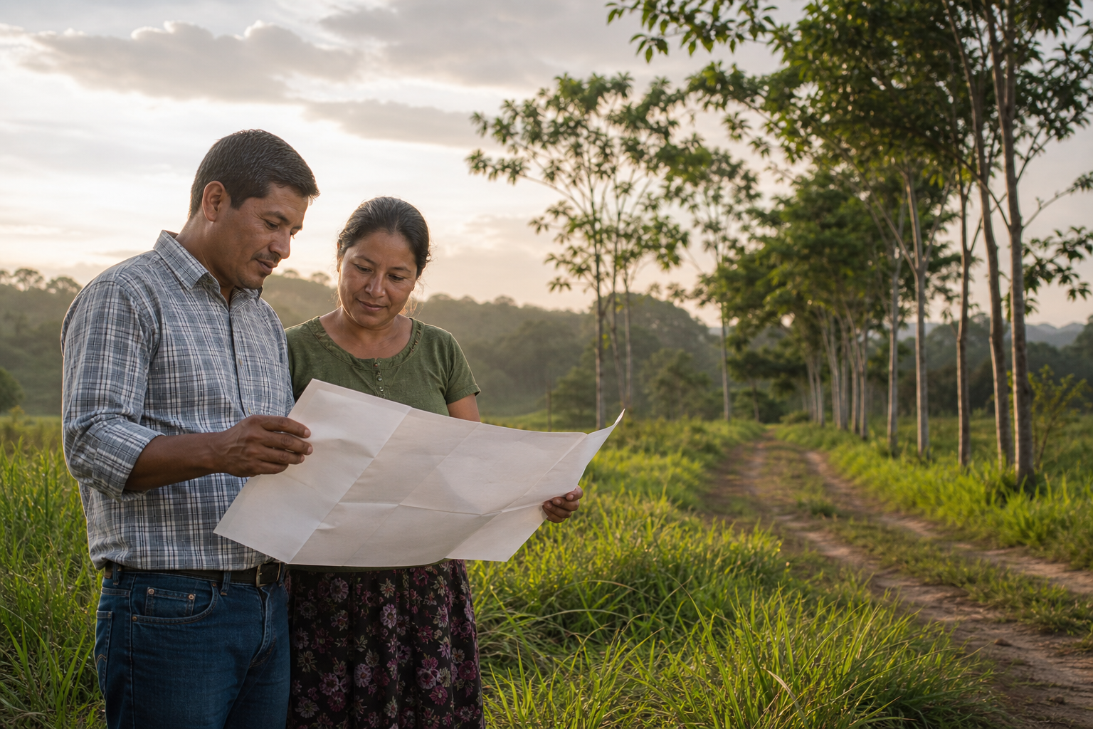 Pareja guatemalteca revisando un plano en un terreno rural