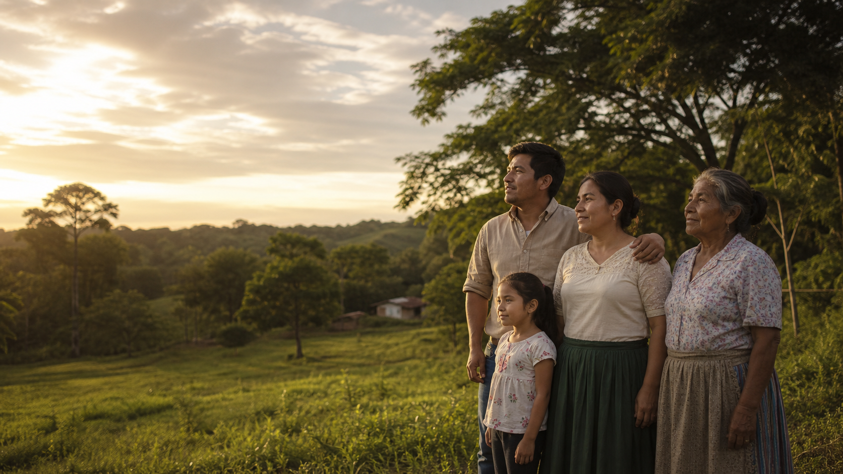 Familia guatemalteca contemplando un paisaje rural al atardecer