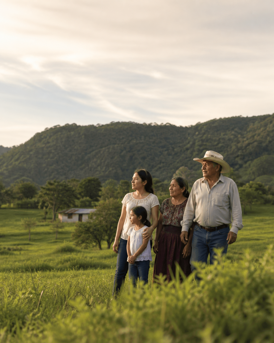 Familia guatemalteca contemplando un paisaje rural